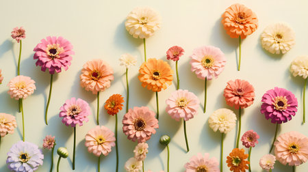 Flowers composition. Pattern made of zinnia flowers on pastel colorful background. Flat lay, top view, copy spaceの素材