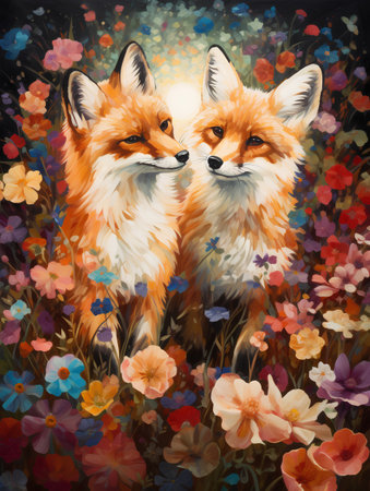 Two foxes on a background of wild flowers. Digital painting.の素材