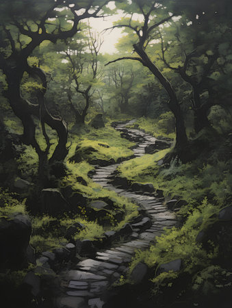 Fantasy landscape with stone path in the forest. Digital painting.の素材