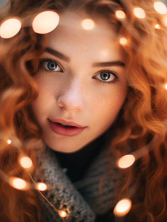 Portrait of a beautiful young woman with curly red hair and garland.の素材
