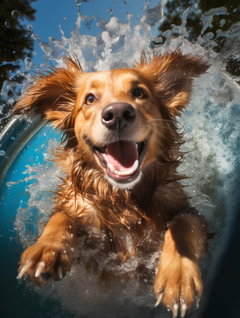 Cute golden retriever dog splashing in a swimming pool.の素材