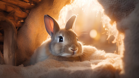 Cute rabbit in a basket on the background of the fireplace.の素材