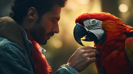 Portrait of a handsome man with a red macaw parrotの素材