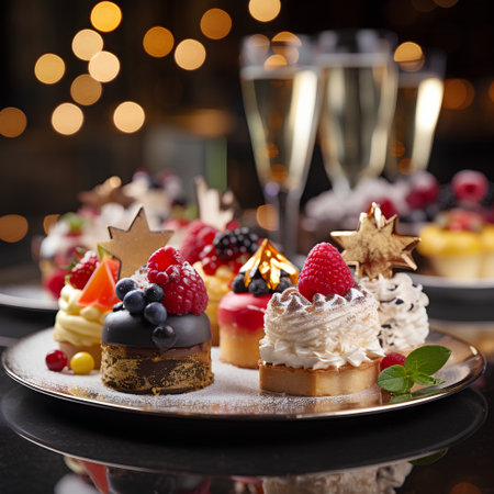 Cake with berries and two glasses of champagne on bokeh backgroundの素材