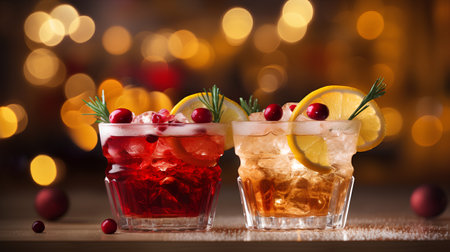 Glasses of cocktails with cranberries, lemon and rosemary on wooden tableの素材
