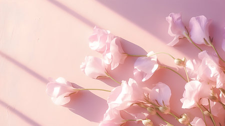 Creative layout made of eustoma flowers on pastel pink background. Flat lay, top view minimal concept.の素材