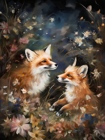 Two foxes in the forest among the flowers. Digital painting.の素材