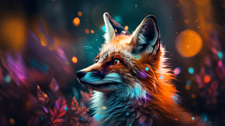 Portrait of a fox on a background of magical forest with fire.の素材