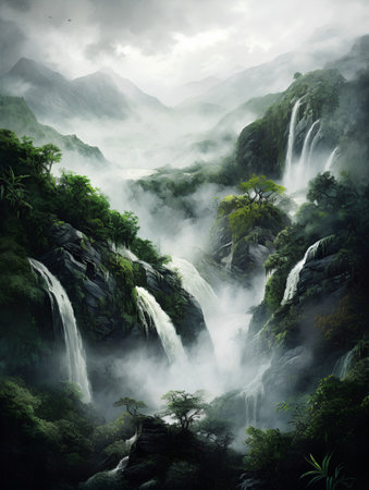 Beautiful waterfall in the misty forest. Artistic style.の素材