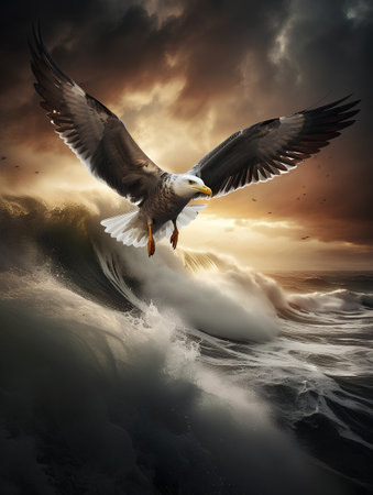 Flying seagull over stormy sea. 3D illustration.の素材