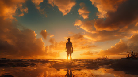 Conceptual image of a woman standing on the beach at sunsetの素材