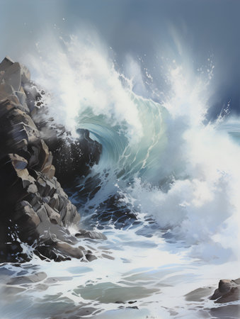 Beautiful seascape with big wave. Digital art painting.の素材