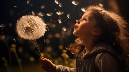 Cute little girl blowing dandelion seeds on dark background.の素材