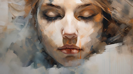 Digital painting of a woman's face with an abstract effect. Digital painting on canvas.の素材