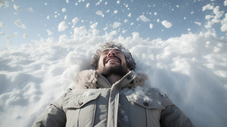 Man with beard and mustache in winter coat and hat on snowflakes backgroundの素材