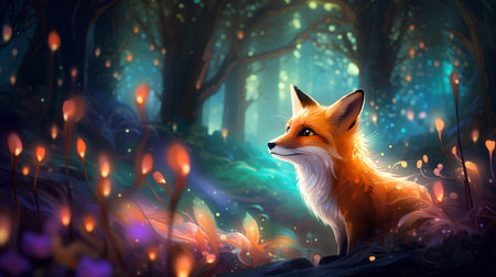 Beautiful fox in the forest at night. Fairytale illustration.の素材