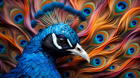 Beautiful peacock with feathers on a colorful background. 3d renderingの素材