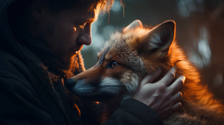 Red fox in the hands of a girl in a dark forest.の素材