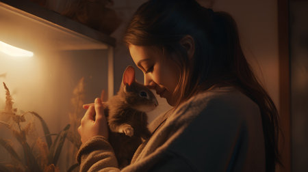 Young woman with rabbit in the living room at night. Girl with pet.の素材