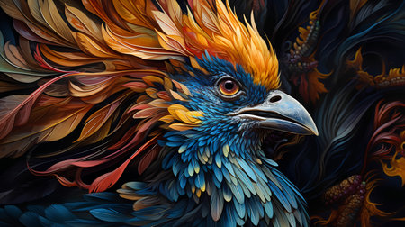 Colorful bird on a black background. 3d rendering, 3d illustration.の素材