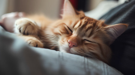 Cute ginger cat sleeping on sofa, closeup. Fluffy pet relaxing at home.の素材