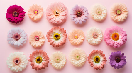 Set of colorful gerbera flowers on pastel pink background.の素材