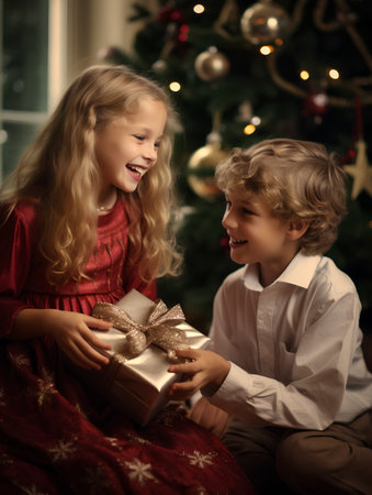 Happy children, boy and girl, opening gift box near Christmas treeの素材