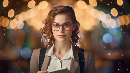 Portrait of a beautiful young woman in glasses with a book.の素材