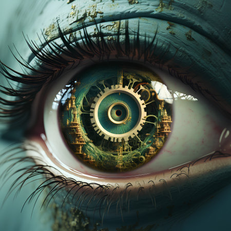 Close-up of human eye with gears and cogwheels. Technology conceptの素材