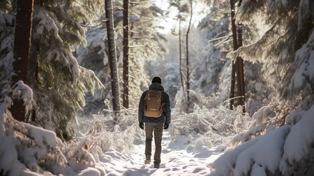 A man with a backpack walks through the snowy forest. Winter forest.の素材