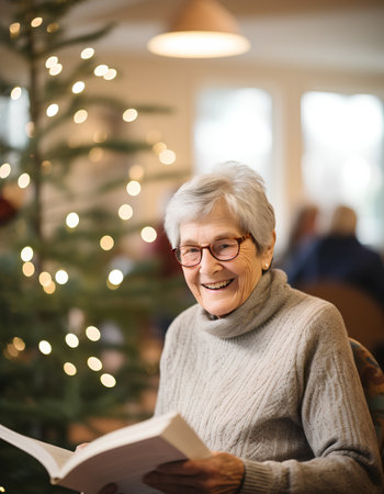 senior woman reading book at home on christmas or new year eveの素材