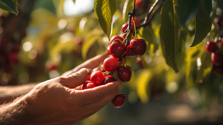Man's hand picking ripe cherries from cherry tree branch in orchardの素材