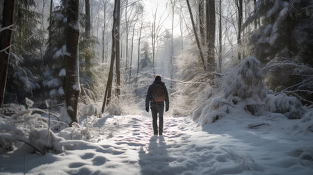 A man with a backpack walks through the snow-covered forest.の素材