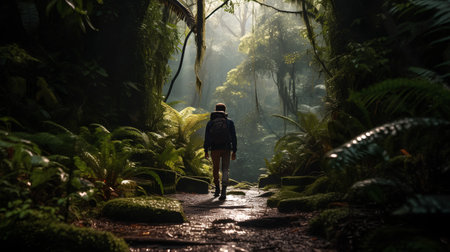 Woman walking in the rainforest in Bali island, Indonesia.の素材