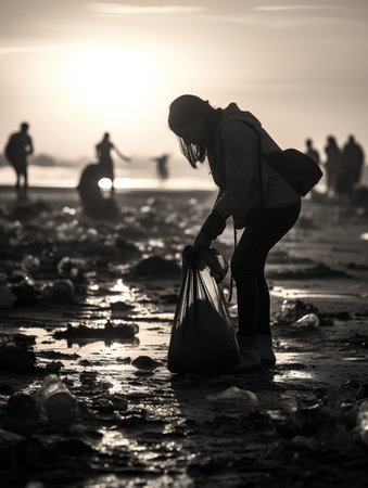 Volunteer collecting garbage on the beach at sunset, black and whiteの素材