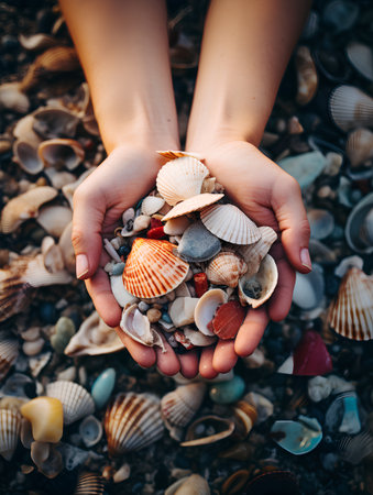 Sea shells in the hands of a child. Selective focus. nature.の素材