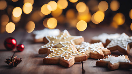 Christmas gingerbread cookies on wooden table with bokeh lights backgroundの素材