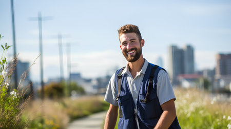 Portrait of a smiling young man with backpack on the city streetの素材