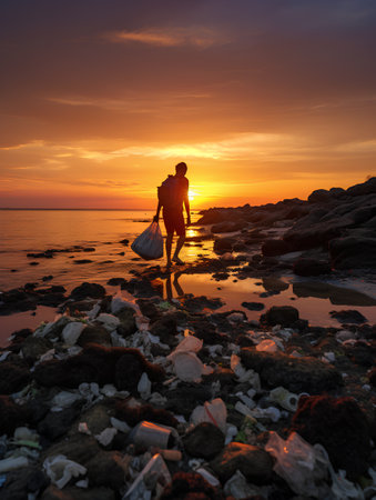 Silhouette of a man with a fishing net on the beach at sunset.の素材