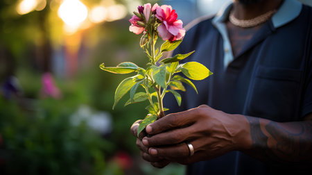 Man holding a flower in his hand in the garden at sunset.の素材