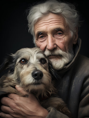 Portrait of an old man with a dog on a black backgroundの素材