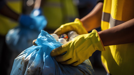 Close-up of the hands of volunteers collecting plastic waste on the street.の素材