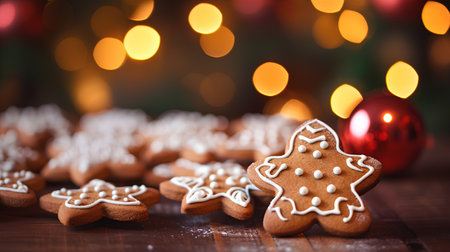 Christmas gingerbread cookies in the shape of a Christmas tree on a wooden backgroundの素材