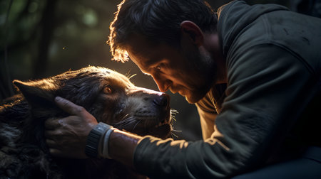 Man and his dog in the forest at sunset. Friendship concept.の素材