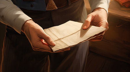 Male hands holding a piece of paper on a wooden background. Retro style.の素材