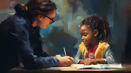 Digital painting of a man and woman working together in the office.の素材