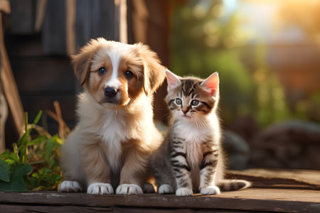 Adorable small kitten and puppy together sitting together on a wooden table.の素材