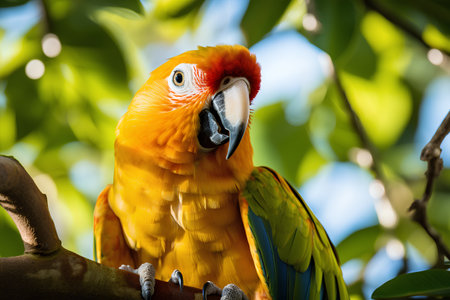 beautiful Scarlet macaw on the tree in the park, close upの素材