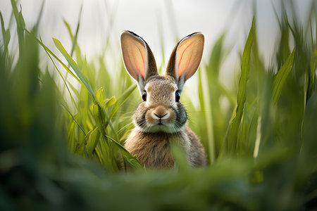 Rabbit in green grass. Easter bunny in the meadow.の素材