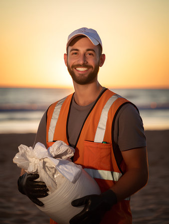 Portrait of smiling male volunteer with garbage bag on the beach at sunsetの素材
